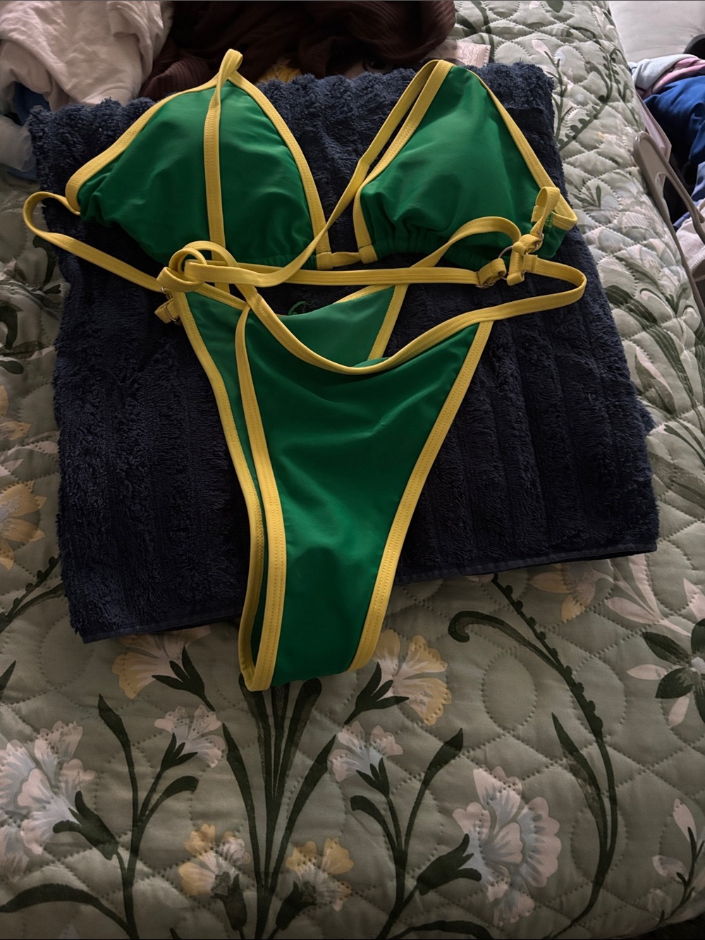 Green and Yellow Trim Triangle Bikini Set